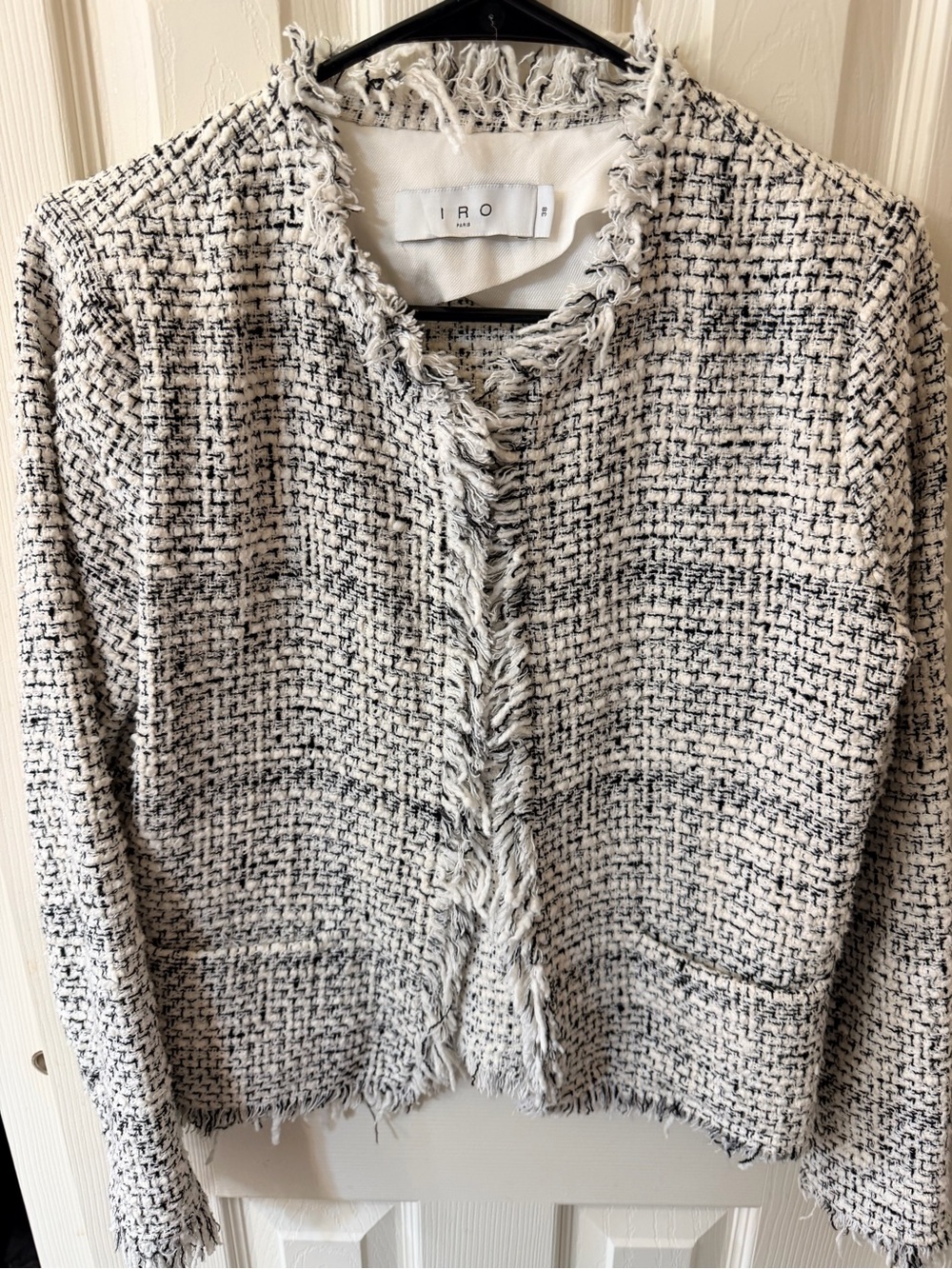 IRO Black and Cream Tweed Frayed-Trim Blazer Jacket